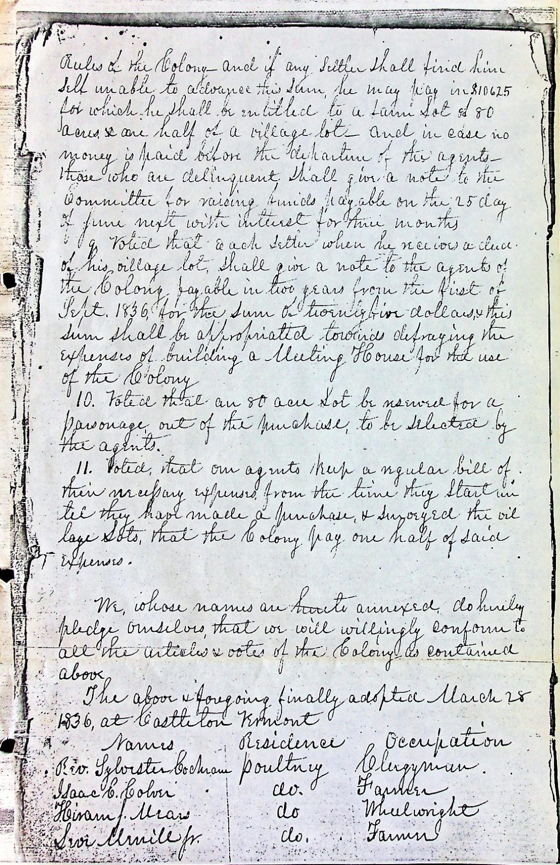 Union Colony bylaws 1836 recorded 1838- + roster